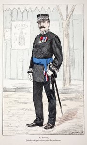 Mr. Roudil, az autószolgálat béketisztje. Színes rézkarc, illusztrációként „” A békefenntartók hadtestének története”” című könyv Louis Lepine (1846-1933) Szajna menti rendõrség prefektusa gondozásában jelent meg, Alfred Rey (1864-?) és Lo. alkotó: Unknown artist