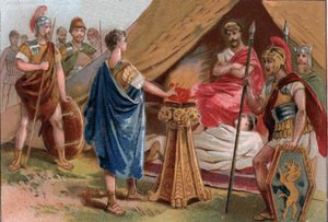 Mucius Scaevola Porsenna előtt (Mucius Scaevola Porsenna előtt). Caius Mucius Scaevola, egy fiatal római patrícius, akit a porsennai királyi gárda fogságba esett (Porsinna, Porsena) alkotó: Unknown artist
