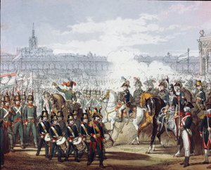 Napóleon Bonaparte (1769-1821) áttekinti a milícia Lombard és Ciszpadai légióját 1797.07.09-én akvarellmetszeten. Milánó, Museo del Risorgimento alkotó: Unknown artist