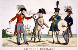 I. Napóleon egy láncos tigrisben, akit egy brit tiszt tartott ostorral. Oroszország és Ausztria zenél a szomszédban. Rajzfilm 1815. alkotó: Unknown artist