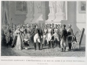 Napóleon a Nemzeti Gárdára bízta az impressziót és fiát, a római királyt (1814. január 23.) – a „Fasttes de Gardes nationales de France”-ban” alkotó: Unknown artist