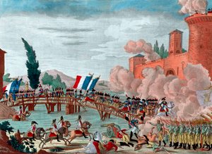 Napóleon vezeti seregét a lodi hídon – Napóleon a csata és a lodi híd áthaladása alatt 1796-ban – A republikánus-francia armee áthaladása a lodi hídon Olaszországban, Napóleon Bonaparte főtábornok megbízásából - alkotó: Unknown artist