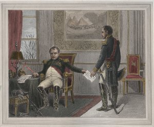 Napóleon aláírja lemondását 1814 - Napóleon Bonaparte (1769-1821) Fontainebleau-ban az első lemondásakor, aláírva 1814 áprilisában. Metszet a „Les Fastes Populaires, ou Histoire des acts heroiques du peuple et de s son, le sur sur sur sciences alkotó: Unknown artist