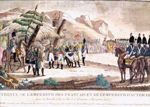 Napóleoni háború: I. Napóleon találkozik II. Francois császárral az austerlitzi csata után, 1805.02.12. századi metszet. alkotó: Unknown artist