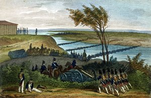 Napóleoni háború: orosz hadjárat. A Niemen (Dnjemen) folyó áthaladása 1812. június 24-én, amely elválasztja a két birodalmat. századi metszet. alkotó: Unknown artist