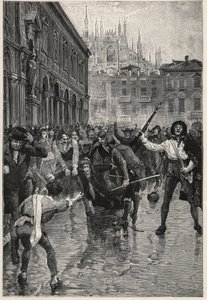 Napóleon lemondása milánói zavargásokra ösztönöz, Giuseppe Prinát, a népszerűtlen pénzügyminisztert pedig az utcákon hurcolják, és végül a milánói Piazza San Fedele-n megölte a tömeg április 20-án. alkotó: Unknown artist