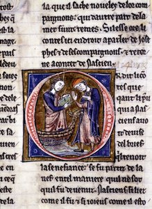 Nascion megkapja a könyvet (?). Kézirat: Szent Gréal meghódítása, 717 évvel urunk szenvedélye után. Bibliotheque Municipale de Rennes, ms. 255 (A Kerekasztal regénygyűjteménye); Párizs alkotó: Unknown artist
