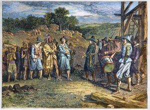 Amerika őslakossága: indiánok. A telepesek 1620-ban találkoztak Massasoit-tal (1590-1661), akit Ousamequin „sárga toll”-ként is ismertek, a wampanoag törzs főnökével, Plymouth Colony, 1620-ban. alkotó: Unknown artist