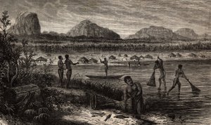 A Rovuma (Mozambik) szürkehályog közelében a halak halászata. Metszet Dr. Livingstone első dél-afrikai útjainak illusztrálására 1840 és 1856 között, a „Le tour du monde, nouveau Journal des voyages” című kiadványban, amely a direktíva alatt jelent meg. alkotó: Unknown artist