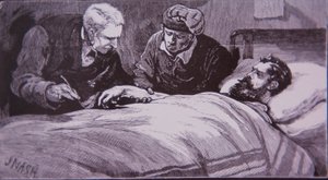 Ned Kelly sebesülten fekszik a melbourne-i börtönkórházban, miután 1880. június 28-án a rendőrség elfogta (metszet) alkotó: Unknown artist