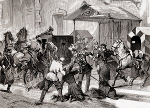 Nihilizmus Oroszországban - Merényletkísérlet a táborsegéd, Loris Melikoff (Loris-Melikoff) tábornok ellen, a nagy-moszkai szállodája ajtaja előtt 1880-ban - Az orosz nihilista mozgalom a 19. században: merényletet L gróf ellen alkotó: Unknown artist