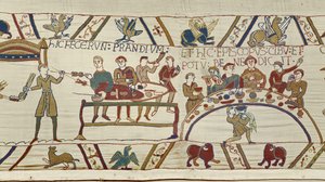 A normann szolgák bankettet készítenek Vilmosnak, Odo püspök pedig megáldja az étkezést, Bayeux gobelin (gyapjú hímzés vászonra) alkotó: Unknown artist