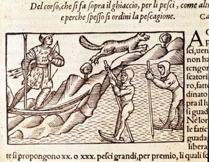 Sílécek között mozgó norvég vadászok. Olaus Magnus (1490 - 1557) svéd vallás- és földrajztudós metsze, „Historia de Gentis Septentrionalibus”, Velence alkotó: Unknown artist