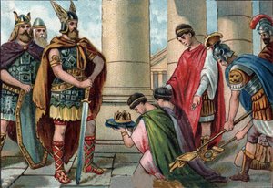 Odoacre (Odovacar, 435-493), a Herules főnöke kötelezi Romulus Augustule, latinul Flavius Romulus Augustus (vagy Romulus Augustulus (benne). Romolo Augustolo), 460 - 511 körül, az utolsó római császár, a trónról való lemondását. nyugat 476-ban. Kromolitogr alkotó: Unknown artist