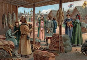 Régi bevásárlóközpontok: Szőrmevásár Novgorodban (Veliky Novgorod), Oroszország a 19. században. A 19. század végének kromolitográfiája alkotó: Unknown artist