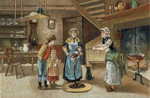 A Dauphiné régióban ünnepelt régi szokás: La boudinée. A 19. század végének kromolitográfiája. alkotó: Unknown artist