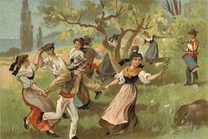 A Provence régióban ünnepelt régi szokás: a selyemhernyó-szüreti fesztiválok farandole. A 19. század végének kromolitográfiája. alkotó: Unknown artist