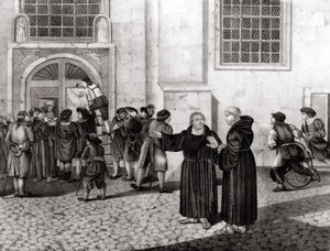 Luther 1517. 10. 31-én kifüggesztette a wittenbergi vár kapujára 95 tézisét, melyben a búcsúztatást elítélték, és a reformáció kezdetét jelentette, a grav. alkotó: Unknown artist