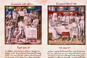 Bal oldalon 1. Assvérus (1. Xerxész) ünnepe. Jobb oldalon Jób fiainak ünnepe. Miniatűr a „” Le Miroir de l