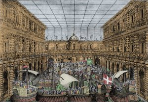 Orazio Scarabelli, Naval Battle Show (naumachia) a firenzei Palazzo Pitti udvarán emelkedik (a Medici család királyi palotája, Toszkána nagyhercegei) Naumachia a Palazzo Pitti udvarán, Firenzében alkotó: Unknown artist