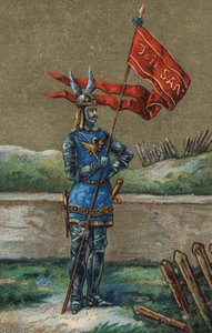Oriflame vagy V. Károly francia király (1364-1380) zászlója. 19. századi kromolitográfia. alkotó: Unknown artist