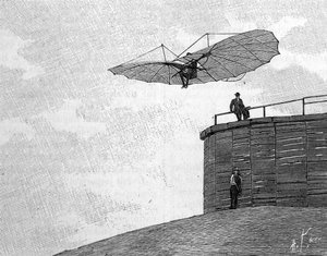 Otto Lilienthal (1848-1896), a német repülés úttörője, aki repülő repülőgépével felugrik fatornyából (azonnali fényképről). Gravírozás a „” La Nature: revue des sciences et de leurs applications aux arts et a l