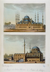 Oszmán Birodalom: I. Ahmet (Ahmed) szultán által épített Kék mecset (vagy Sultanahmet Camii) és Laleli mecset Isztambulban - a Ferrario, ed Milan „” Az ősi és modern jelmezben”” alkotó: Unknown artist