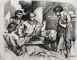 Szabadtéri bankettjelenet – Vitellius (Aulus Vitellius Germanicus Imperator Augustus) római császár (15-69) lakomát ad – metszet a „” The Universal Health – Medical Guide for Families”-be” 1852 alkotó: Unknown artist