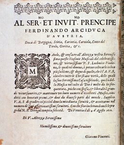 Osztrák Ferdinándnak szentelt oldal Ludovico Viadana szimfóniáiban alkotó: Unknown artist