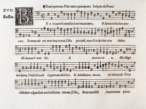 Willaert Beati quorum XIII. zsoltárának (1538) kottájának oldala alkotó: Unknown artist