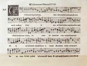 Willaert XVIII. zsoltárának kotta lapja (1538) alkotó: Unknown artist