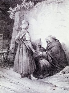 Tenyérjóslás: egy idős jós egy fiatal lány kezében olvas (metszet) alkotó: Unknown artist