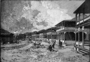 Panama csatorna. Columbus a Colon új városának utcája: munkáslakások. Metszet a „” Le Monde Illustré”-ben alkotó: Unknown artist