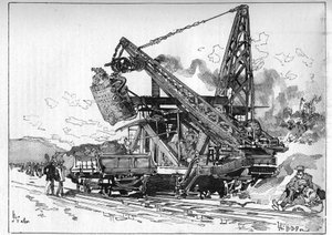 A Panama-csatorna működik. Főbb gépek: Osgood kotrógép. Metszet a „” Le Monde Illustré”-ben alkotó: Unknown artist