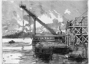A Panama-csatorna működik. Főbb gépek: Bigue ponton. Metszet a „” Le Monde Illustré”-ben alkotó: Unknown artist