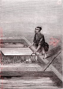 A papírpép folyékonnyá válik, papírgyártás Kínában (Kr. e. 3. század) (metszet) alkotó: Unknown Artist