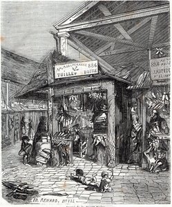 Párizs 3. kerület – Carre de la Foret-Noire: bőr- és cipőárusítás a Le Carreau du Temple-ben a 19. században – Edmond Texier „” Tableau-de-Paris” metszet alkotó: Unknown artist