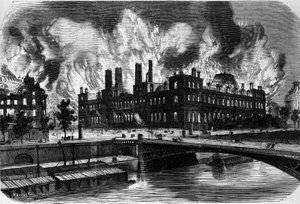 Párizs, a Kommün. A Hotel de Ville tüze 1871. május 24-én. Metszet a XIX. alkotó: Unknown artist