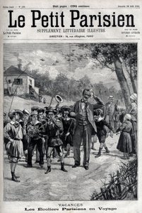 Párizsi iskolai szünet egy vidéki kiránduláson. Metszet a „Le Parisien”-ben alkotó: Unknown artist