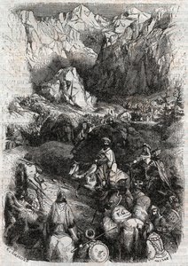 A Pireneusok átvonulása a mórok által – 1851-es metszet Ludovico Ariostotól (Orlando furioso) (16. század) „" Furious Roland" (Orlando furioso) -tól (16. század), Ariosta néven ismert - Tressan gróf olasz nyelvről fordított kiadása, Gustave Harvard kiadása alkotó: Unknown artist
