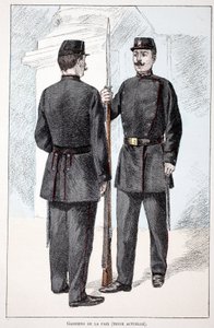 Békefenntartók (Lepin-korszak). Színes rézkarc, illusztrációként „” A békefenntartók hadtestének története”” című könyv Louis Lepine (1846-1933) Szajna-menti rendészeti prefektus gondozásában jelent meg Alfred Rey (1864-?) és Louis Feron (1862) gondozásába alkotó: Unknown artist