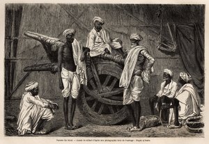 Parasztok Scindből (Punjab régió, India), a mezőgazdasági gépeik mellett. Metszet a panddzsábi és kasmíri utazás szemléltetésére, Guillaume Lejean története 1866-ban, a „Le tour du monde, nouveau Journal des voyages” című folyóiratban, a direktiva alatt. alkotó: Unknown artist