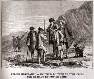 Evangelista Torricelli vagy Toricelli Barométer (higanycső) magasságát mérő perier a Puy-de-Dôme tetején 1618. szeptember 20-án, 19. századi metszet, Bianchetti-gyűjtemény. alkotó: Unknown artist