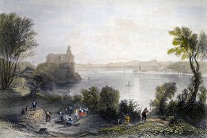 Persenberg kastély Németországban. Az előtérben a famunkások dolgoznak. századi metszet. alkotó: Unknown artist