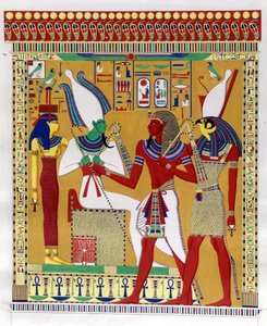 Merenptah 1. fáraó (vagy Mineptah, Merneptah) (Kr. e. 1213-1204) Hórusz vezetésével Ozirisz és Athyr pokoli jelenlétében. Balról: Athyr, Osiris, Merenptah I és Horus. (Biban-el-Moluk) - Ippolito Rosel „Egyiptom és Felső-Núbia emlékművei” című filmjében alkotó: Unknown artist