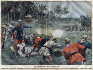 Fülöp-amerikai háború - Amerikai-Fülöp-szigeteki háború (Philippine Americano) - Emilio Aguinaldo csapatai, Polo közelében elvágva, hevesen ellenállnak a Mac-Arthur tábornok által irányított amerikai csapatok támadásának - 1899-es „Le-Pelerin” metszet alkotó: Unknown artist