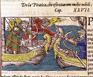 A kalózkodást sok skandináv nemes nő gyakorolta. Metszet a „Historia de gentium septentrionalium”-ból, Olaus Magnus, Velence, 1567. alkotó: Unknown artist