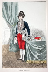 Rendőrprefektus (1800). Színes rézkarc, illusztrációként „” A békefenntartók hadtestének története”” című könyv Louis Lepine (1846-1933) Szajna-menti rendészeti prefektus gondozásában jelent meg Alfred Rey (1864-?) és Louis Feron (1862) gondozásában. -?),  alkotó: Unknown artist