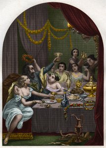 VI. Sándor pápa (1431-1503) (Alessandro, Rodrigo Borgia) Rodrigue Borgia lánya, Lucrece Borgia (Lucrezia) házasságkötését ünnepli 50 udvarhölggyel a Vatikánban. Metszet 1842-ből a „Histoire des Popes: bűnök, gyilkosságok, mérgezések, parrici” c. alkotó: Unknown artist