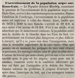 A népességnövekedés tagadja az Egyesült Államokban: rasszista kommentárok a könyvben a Popular Science Monthly cikke szerint. Aggodalommal tölti el az amerikai fekete lakosság számának növekedése és a magas születési ráta, és kiutasításukkal kívánja ezt or alkotó: Unknown artist